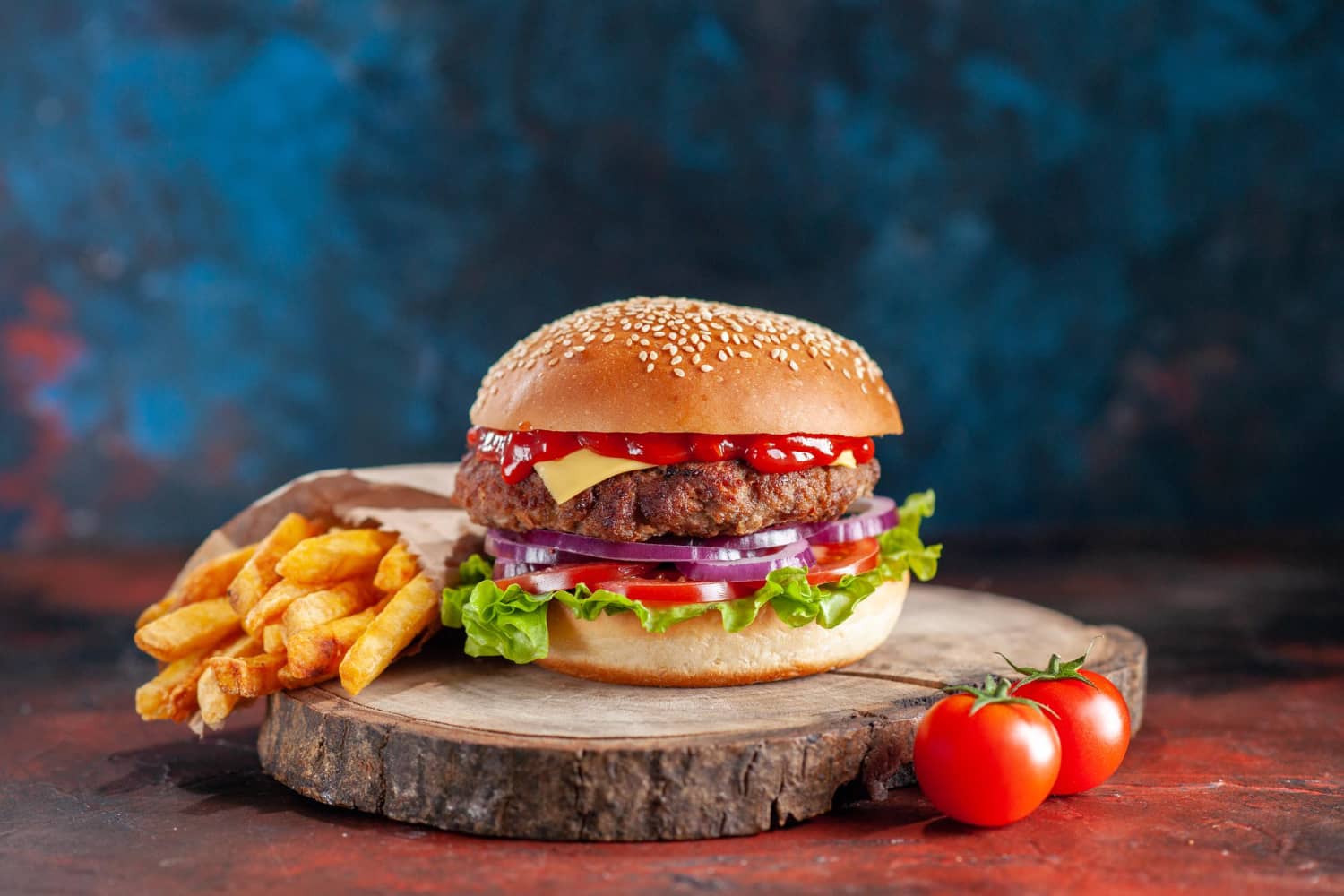 Sandwich with juicy burgers tomato cabbage