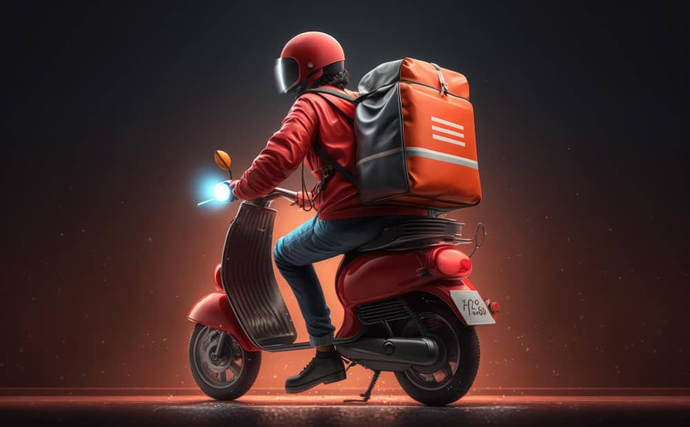 A delivery man running with tasty pizzas