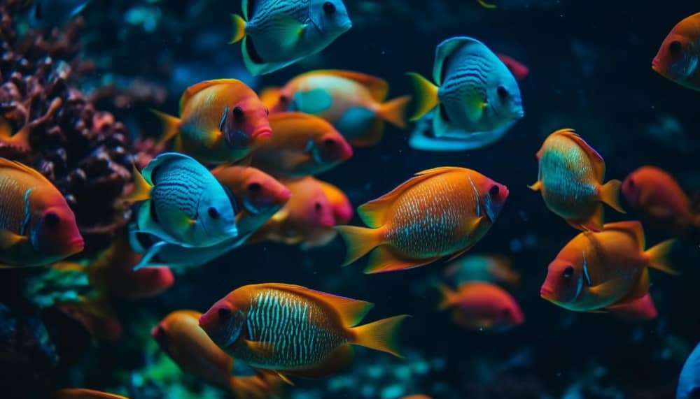 Colorful fishes are swimming under the deep sea